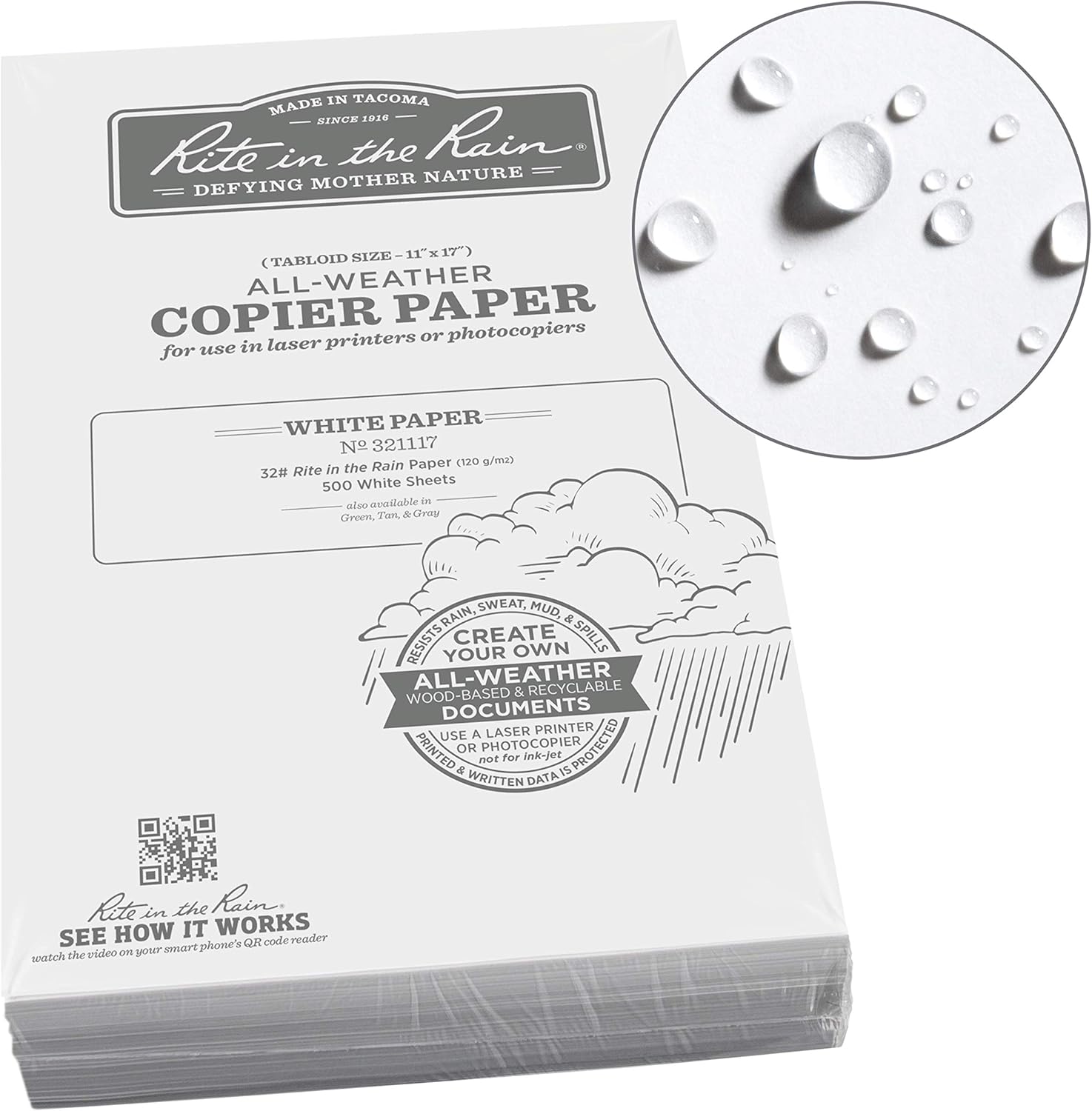 Rite In The Rain Weatherproof Laser Printer Paper, Tabloid Paper Size 11" x 17", 32# White, 500 Sheet Pack (No. 321117) : Office Products