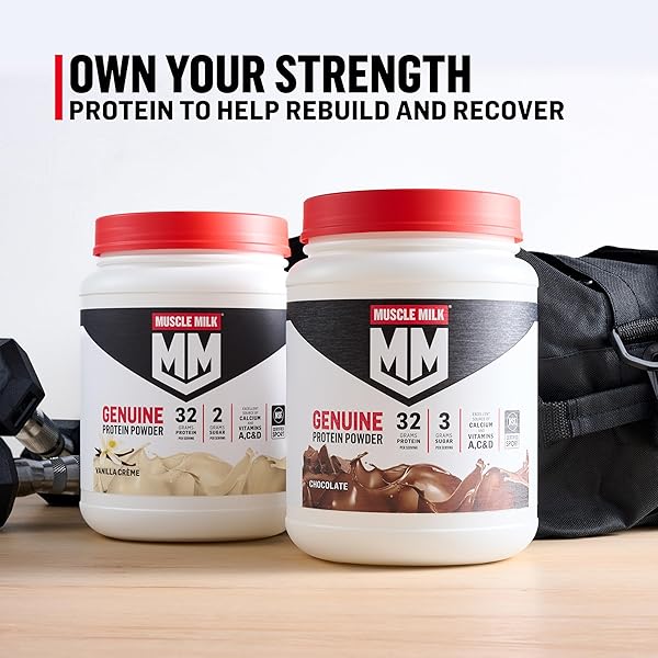 MUSCLE MILK GENUINE PROTEIN POWDER, STRAWBERRIES ‘N CRÈME, 1.93 POUNDS, 13 SERVINGS, 32G PROTEIN, 3G SUGAR, CALCIUM, VITAMINS A, C & D, NSF CERTIFIED FOR SPORT, ENERGIZING SNACK, PACKAGING MAY VARY
