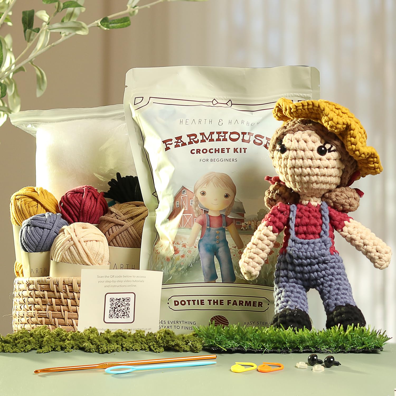 Amigurumi Crochet Kit for Beginners Adults and Kids, Learn to Crochet Kits for Adults Beginner with Easy Yarn, Stuffed Crochet Animal Kit with Step-by-Step Video Tutorials – Dottie the Farmer