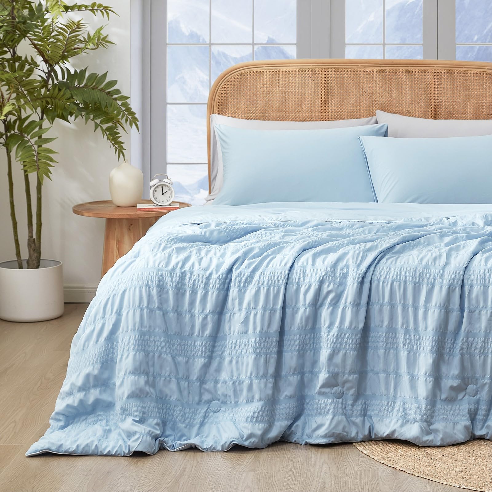 Photo 1 of Cozy Bliss Seersucker Cooling Comforter Queen Size, Q-Max 0.4 Reversible Lightweight Cooling Blanket, Breathable Silk Smooth Summer Bedding Quilt for Hot Sleepers Night Sweats Cold Blue