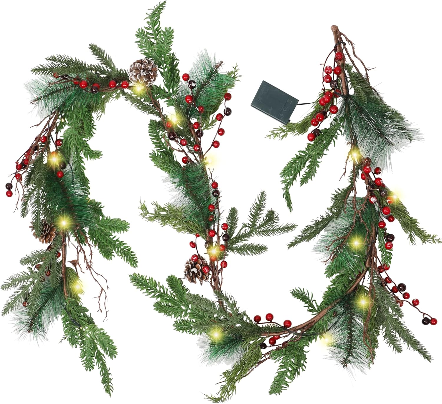 Wreaths, Garlands & Swags - winemana 6 FT Pre-lit Artificial Christmas Garland with 20 LED Lights, Battery Powered with Pine Cones, Red Berries, Pine Needles, Lighted Christmas Garlands for Fireplace Mantle Holiday Decorations