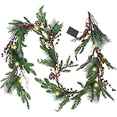 winemana 6 FT Pre-lit Artificial Christmas Garland with 20 LED Lights, Battery Powered with Pine Cones, Red Berries, Pine Needles, Lighted Christmas Garlands for Fireplace Mantle Holiday Decorations