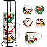 Peohud Set of 4 Christmas Coffee Mugs, 14 Oz Stackable Cappuccino Cups with Metal Stand, Porcelain Holiday Hot Cocoa Mugs Gift Set for Families, Friends, Latte, Americano, Milk, Beverages