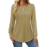 YUCOLEN Long Puff Sleeve Shirts for Women Pleated Crew Neck Tunic Tops Blouses Dressy Casual Fall Tops