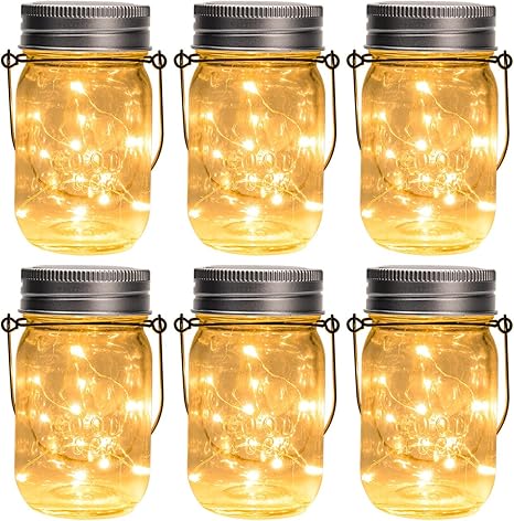Gigalumi Hanging Solar Mason Jar Lid Lights 6 Pack 15 Led String