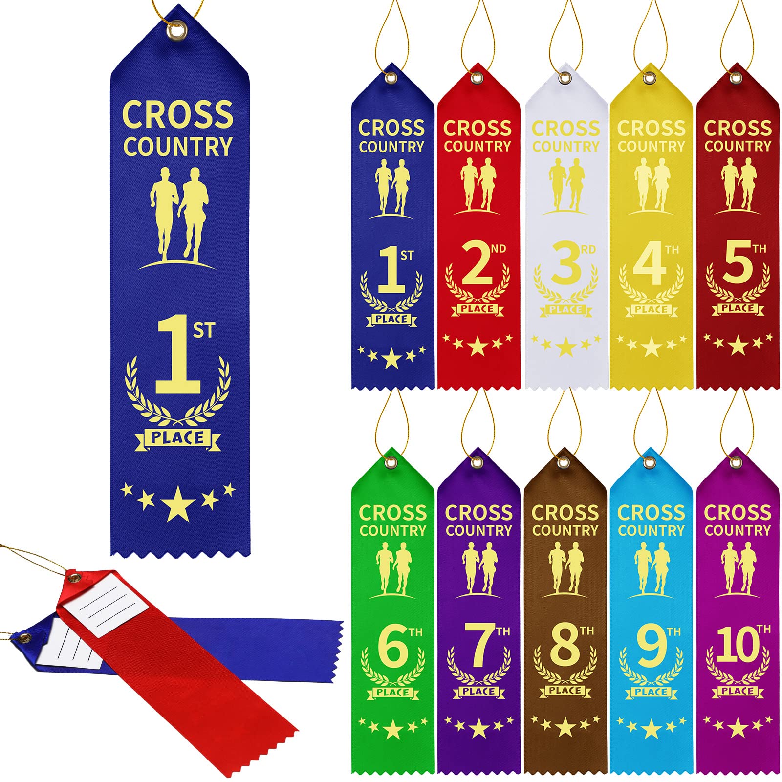 Photo 1 of XunYee 80 Pieces Cross Country Ribbons 1st-10th Place Award Ribbons with Event Card and Rope Participation Ribbon Competition Sport Event School Contest Trophies Medals Plaques Accessories, 10 Styles
