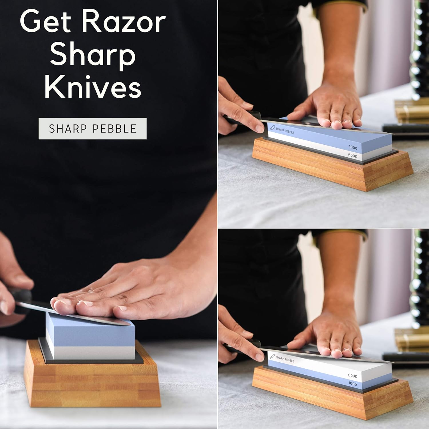 Sharp Pebble Premium Whetstone Knife Sharpening Stone 2 Side Grit 1000/6000 Waterstone- Whetstone Knife Sharpener- NonSlip Bamboo Base & Angle Guide - - 