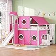 Merax Low Loft Bed Full Size with Slide and Storage Stairs, Wood Loft Bed with Tent & Tower, for Boys & Girls, Pink