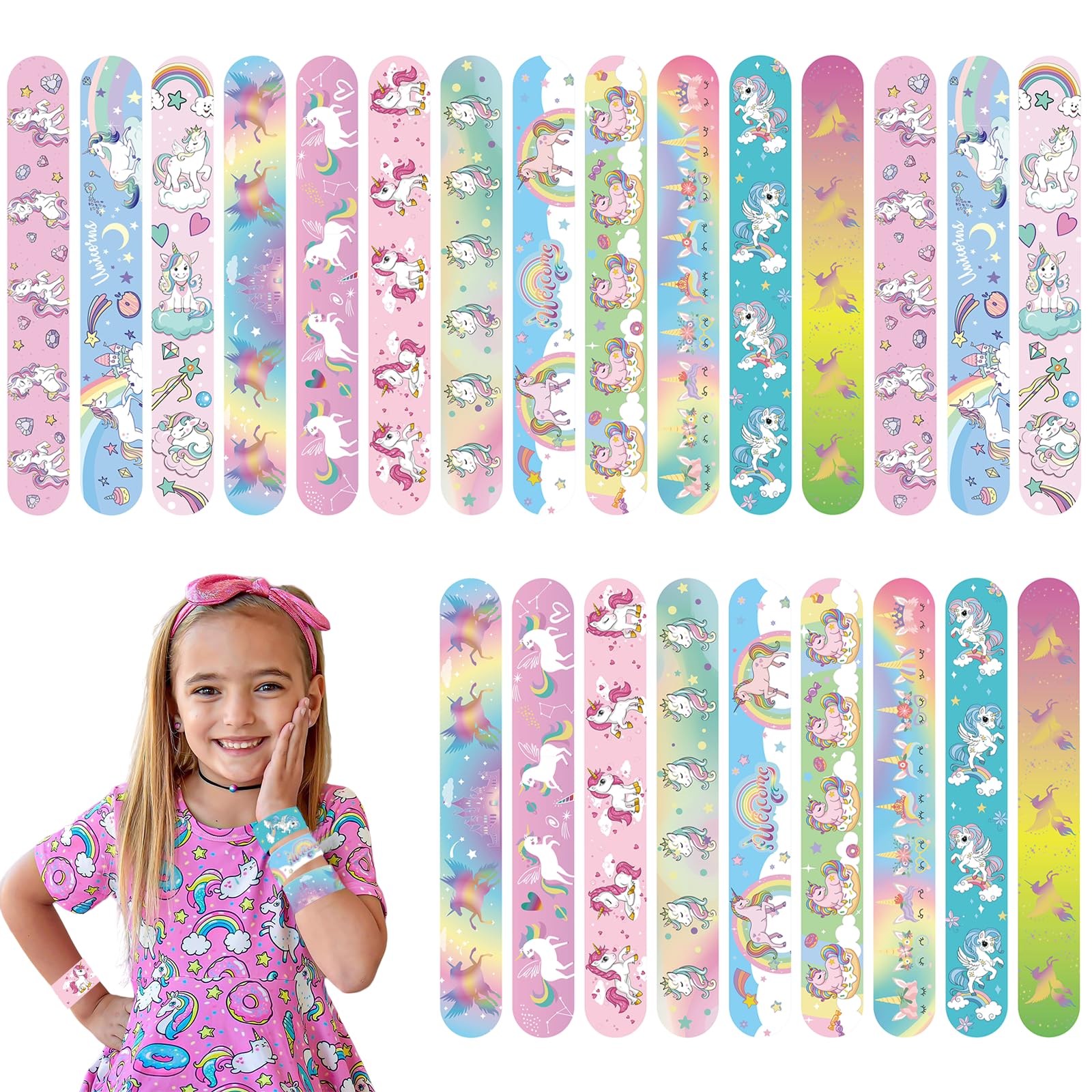 POPOYU 24Pcs Unicorn Slap Bracelets,Snap Bracelet Bands for GiftsBag Filler,Unicorn Party Favors,Cute Wristbands for Kids Girls Birthday Gifts Unicorn Theme Party Supplies Classroom Prize Gift