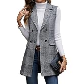 ELLEVEN Women's Long Plaid Vest Sleeveless Double Breasted Blazer Jackets Fall Trendy Coats with Pockets
