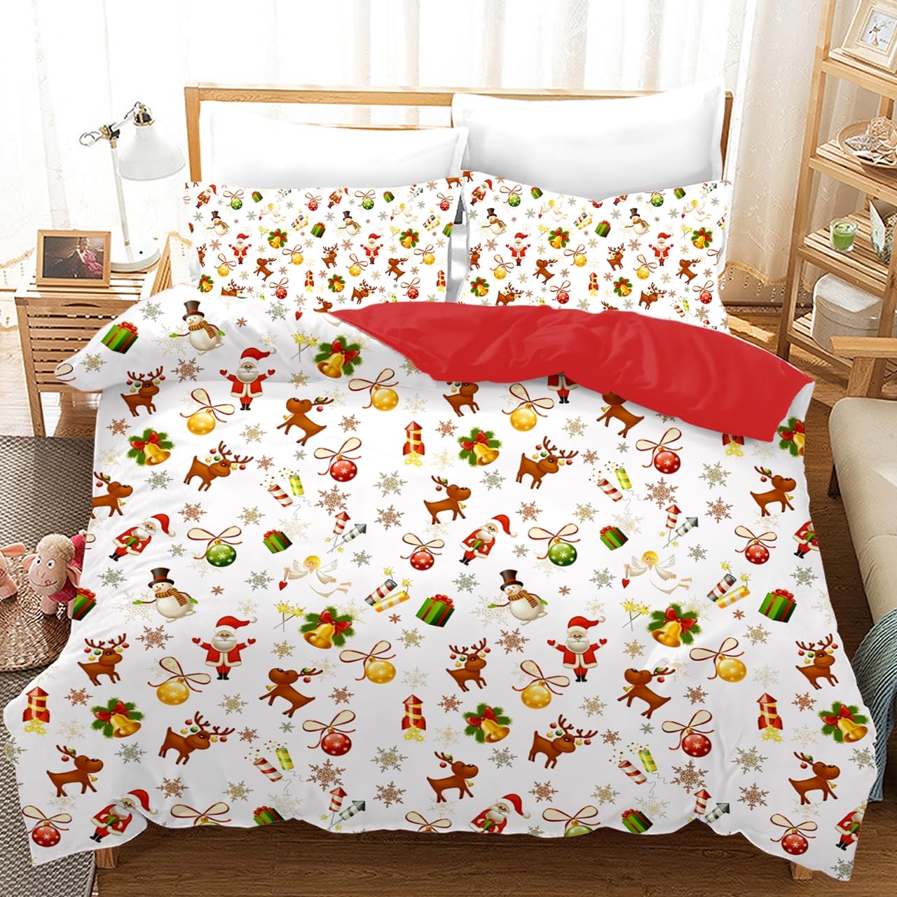 UGZDEA Christmas Bedding Set 135x200cm, 3D Christma Bedding Set With 2 Pillowcases, Father Christma, Christmas Tree, Deer, For Kids Teenagers (E, 135x200cm)
