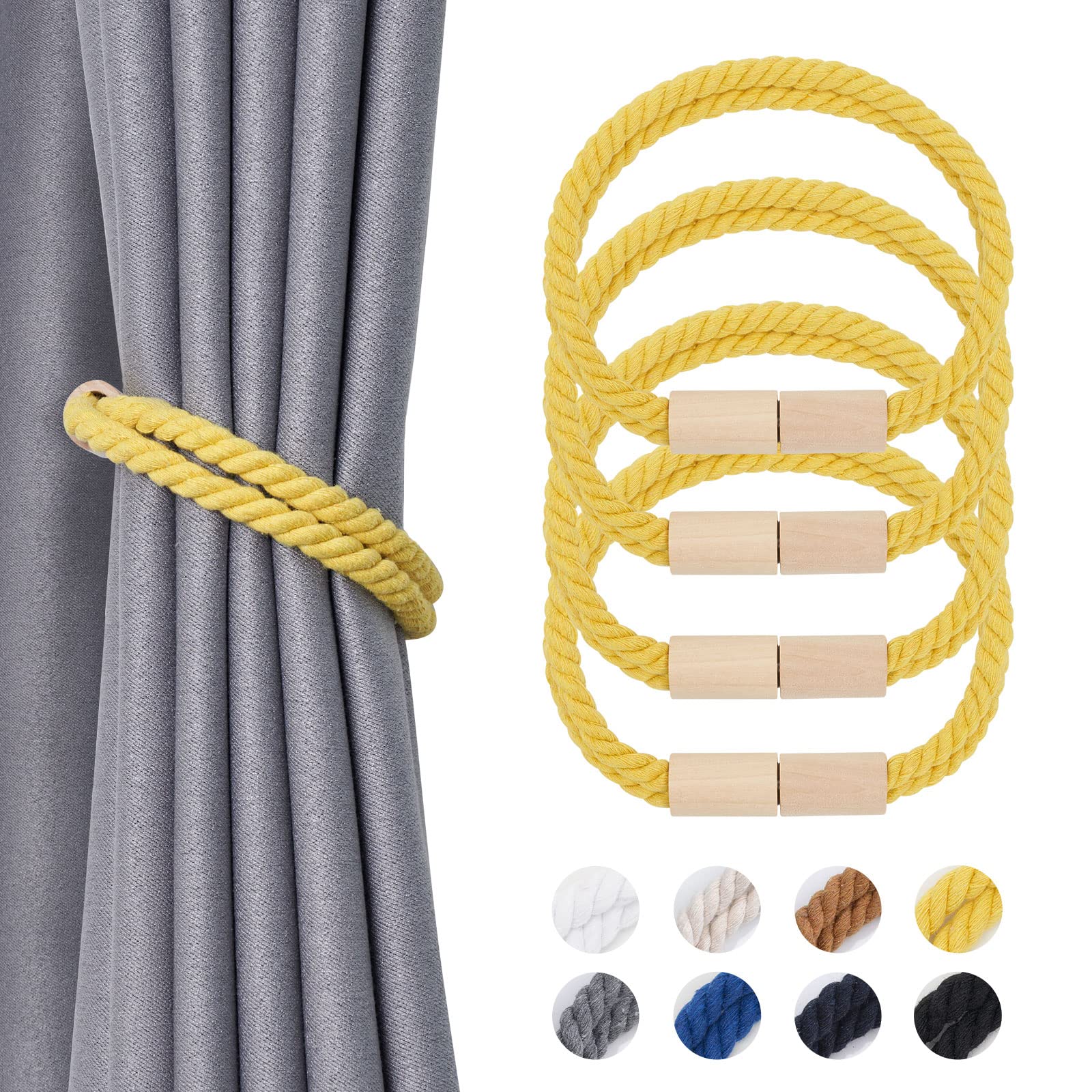 Pretty Jolly 4 Pack Wooden Magnetic Curtain Tiebacks Boho Decoration Drape Tie Backs Natural Cotton Handmade Double Rope Curtain Holdbacks for Thin & Thick Home & Office Window Drapery (New Yellow)