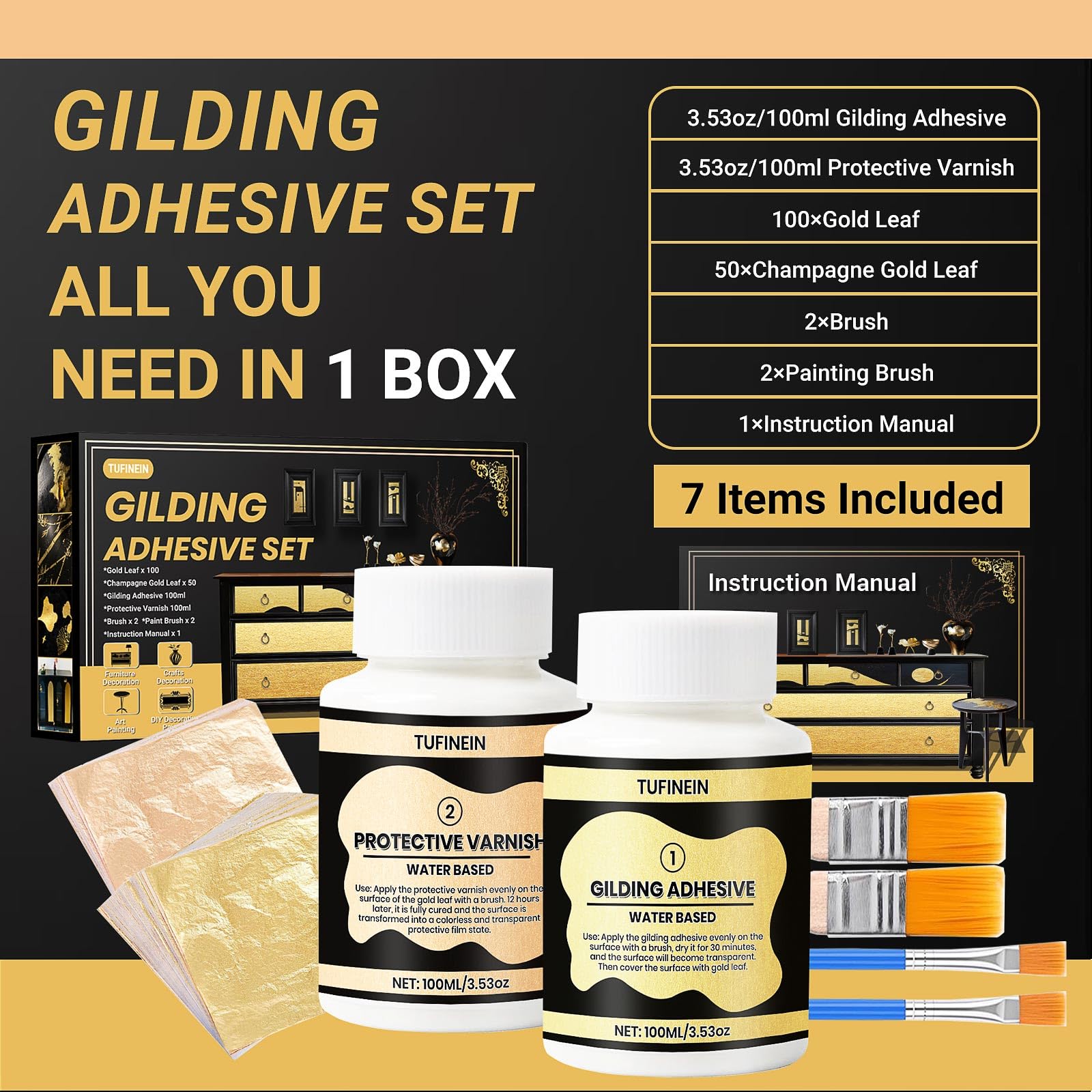 Gilding Adhesive Set, TUFINEIN 3.53oz/100ml Water Based Adhesive and Varnish, Gold Leaf and Champagne Gold Foil Gilding Kit, Furniture & Crafts Decoration, Art Painting, DIY Decorative Painting