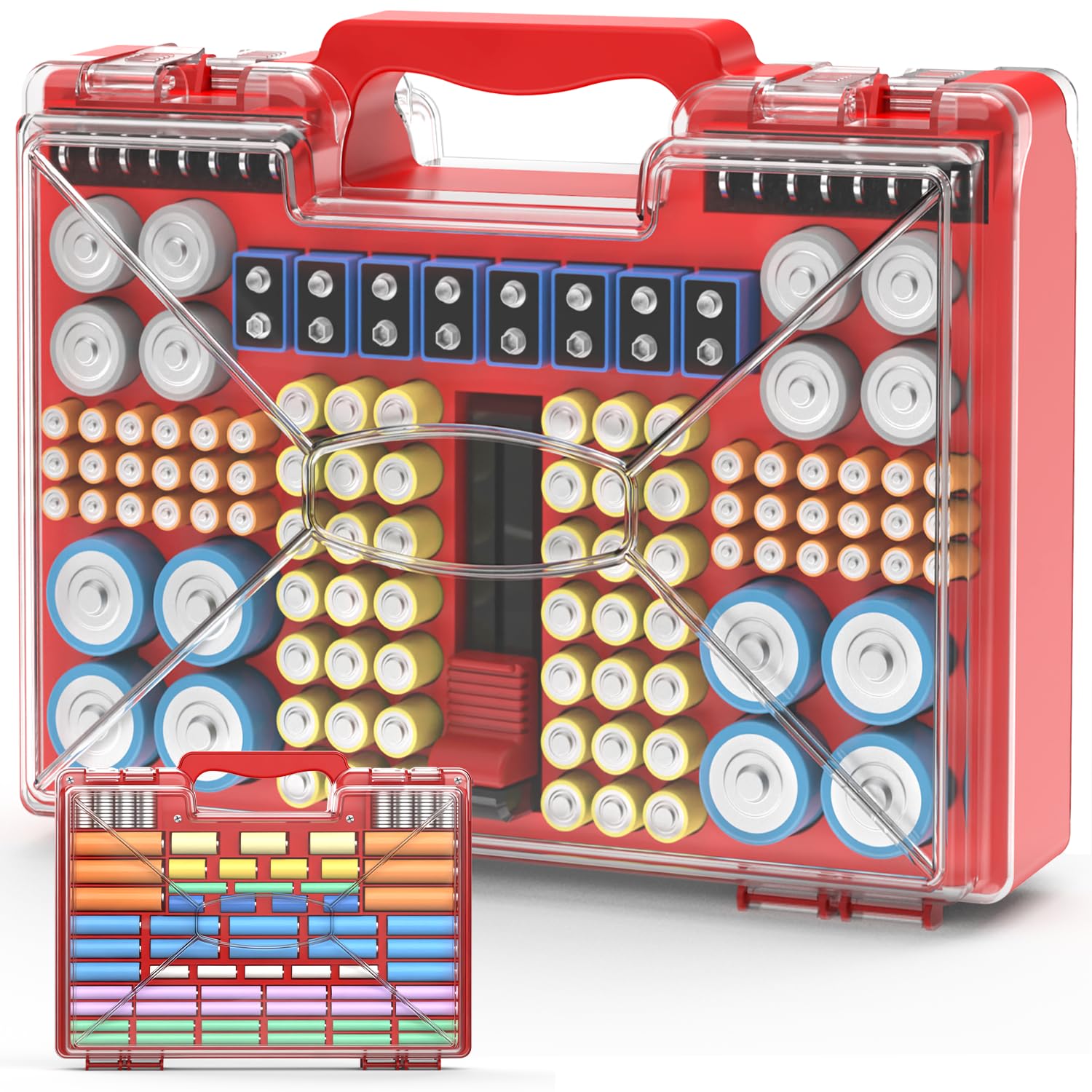 Photo 1 of **TOP LID IS CRACKED**NESTRAXO Battery Organizer Storage Holder Box Case with Tester, 185+ Batteries Double-Sided Variety Pack, Holds AA AAA 4A C D Cell 9V 3V Lithium LR44 CR2 CR123 CR1632 18650 Button - Red