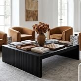 LITTLE TREE 39.4" Square Fluted Coffee Table, Mid-Century Modern Black Center Table for Living Room, Architectural Wood Cocktail Tea Tables, Contemporary Coffee Tables, Easy Assembly