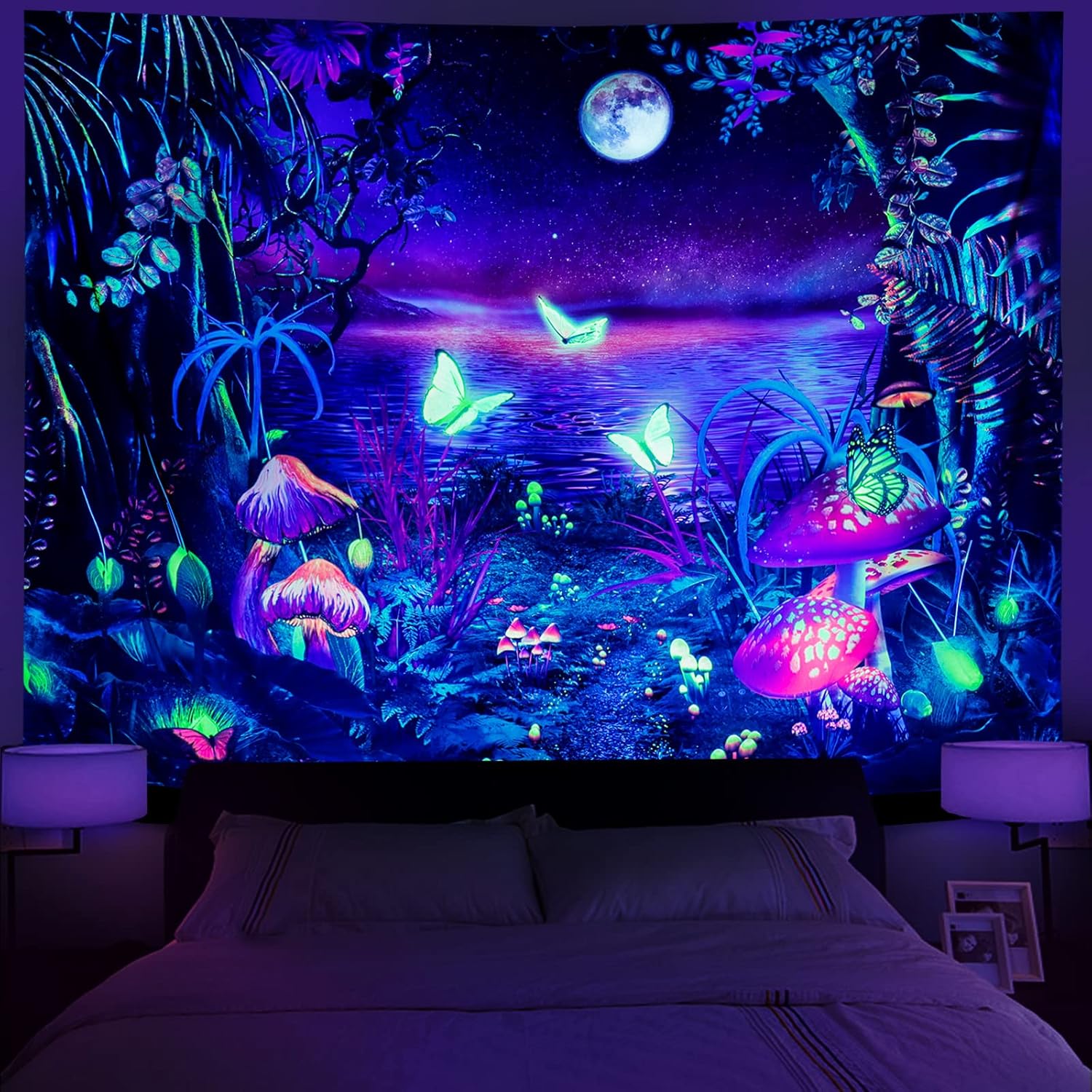 Tapestries - Serborlur Blacklight Fantasy Forest Tapestry Aesthetic Moon Tapestry UV Reactive Butterfly Tapestries Galaxy Space Tapestry Wall Hanging for Bedroom Living Room (59.1 × 78.7 inches)