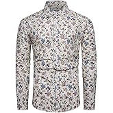 TUNEVUSE Mens Long Sleeve Floral Dress Shirt Flowered Pattern Print Button Down Shirts Cotton