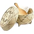 PANWA Handmade 100% Natural Thai Bamboo Sticky Rice “Electric Cooker Steamer Set”, Small Pot Insert ~ 6.5 Inch, Checkered Wicker Woven Lid, 16’’ Cheesecloth Filter, and Wooden Spoon