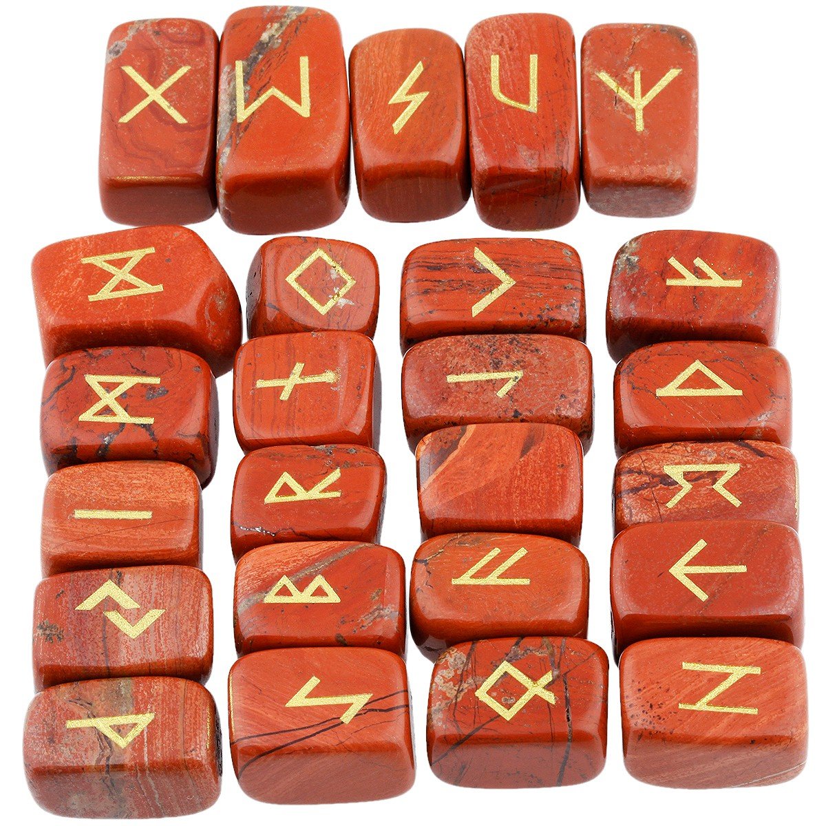 mookaitedecor Rune Stones Set with Engraved Elder Futhark Alphabet Crystal Meditation Divination, Red Jasper