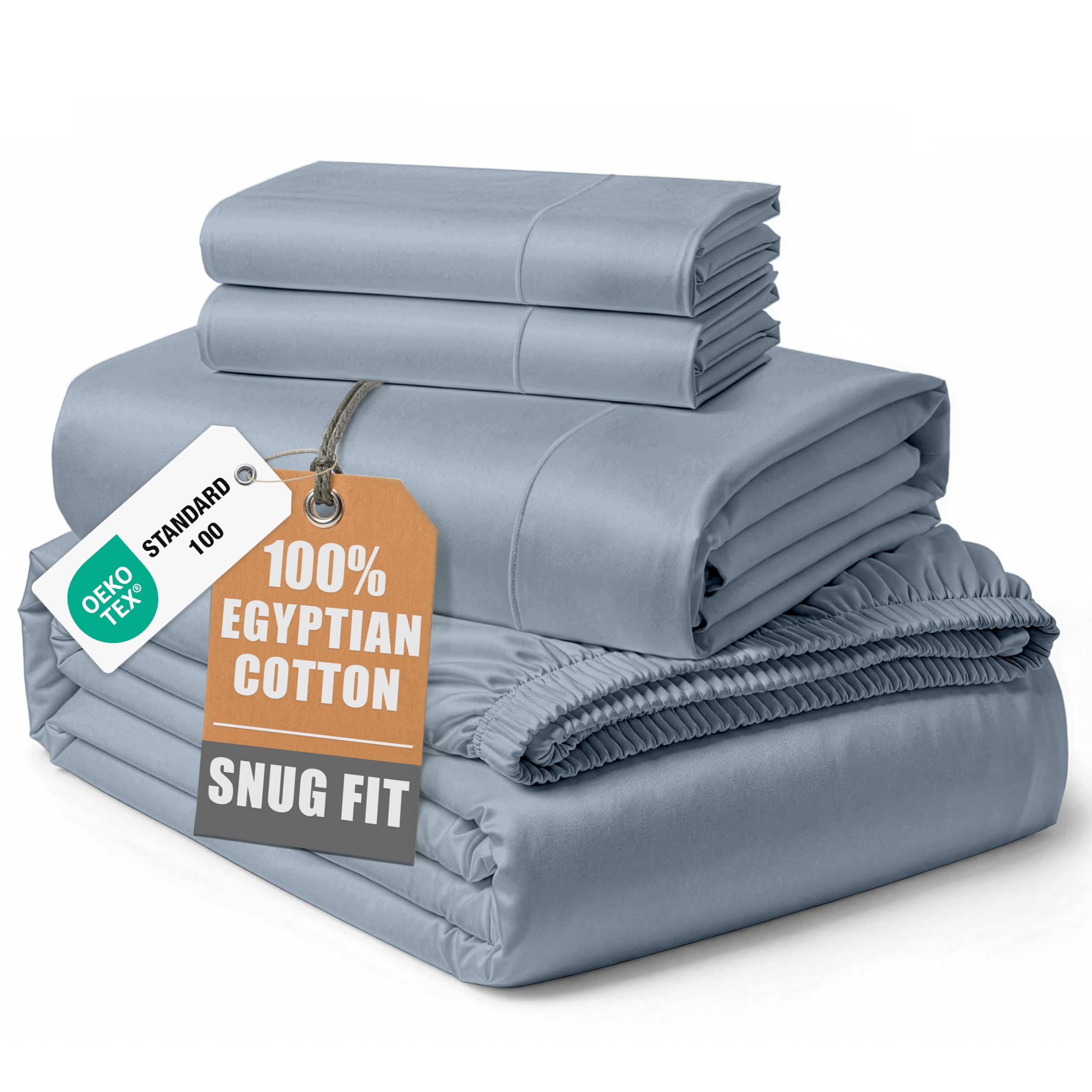 Photo 1 of 100% Egyptian Cotton Queen Size Sheet Set - Naturally Breathable & Durable Winter Comfort, Ultra-Soft Hotel Luxury Comfort with 15" Deep Pocket Queen Sheets, Silky Sateen Weave - French Blue