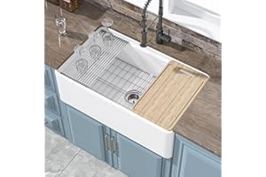 HOMLYLINK White Farmhouse Workstation Sink 33 x 20 Inch, Firecaly Apron Front Undermount Farm Sink, Single Bowl, w Accessories 4 Types, Reversible (Sleek & Fluted Optional), Pure White, for Kitchen