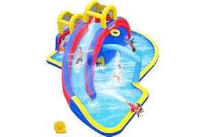 Easyair Inflatable Water Slide Bounce House with 650W Blower, 2 Climbing Walls, 2 Slides, 2 Splash Pool, Basketball Hoop, Water Gun, 216 x 194 Inch Blow Up Water Slides for Backyard Blue