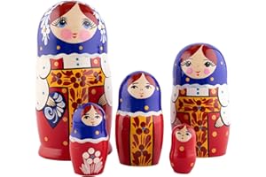 Heka Naturals Red Sarafan Nesting Dolls | All Natural Wooden Matryoshka Doll Set of 5 (7 Inch) - Traditional Babushka Home Decor, Wooden Stacking Dolls, Vintage Handmade Shape