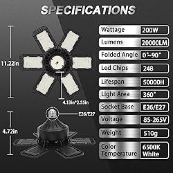 AUDLES 6 Pack LED Garage Light, 200W 20000LM 6500K