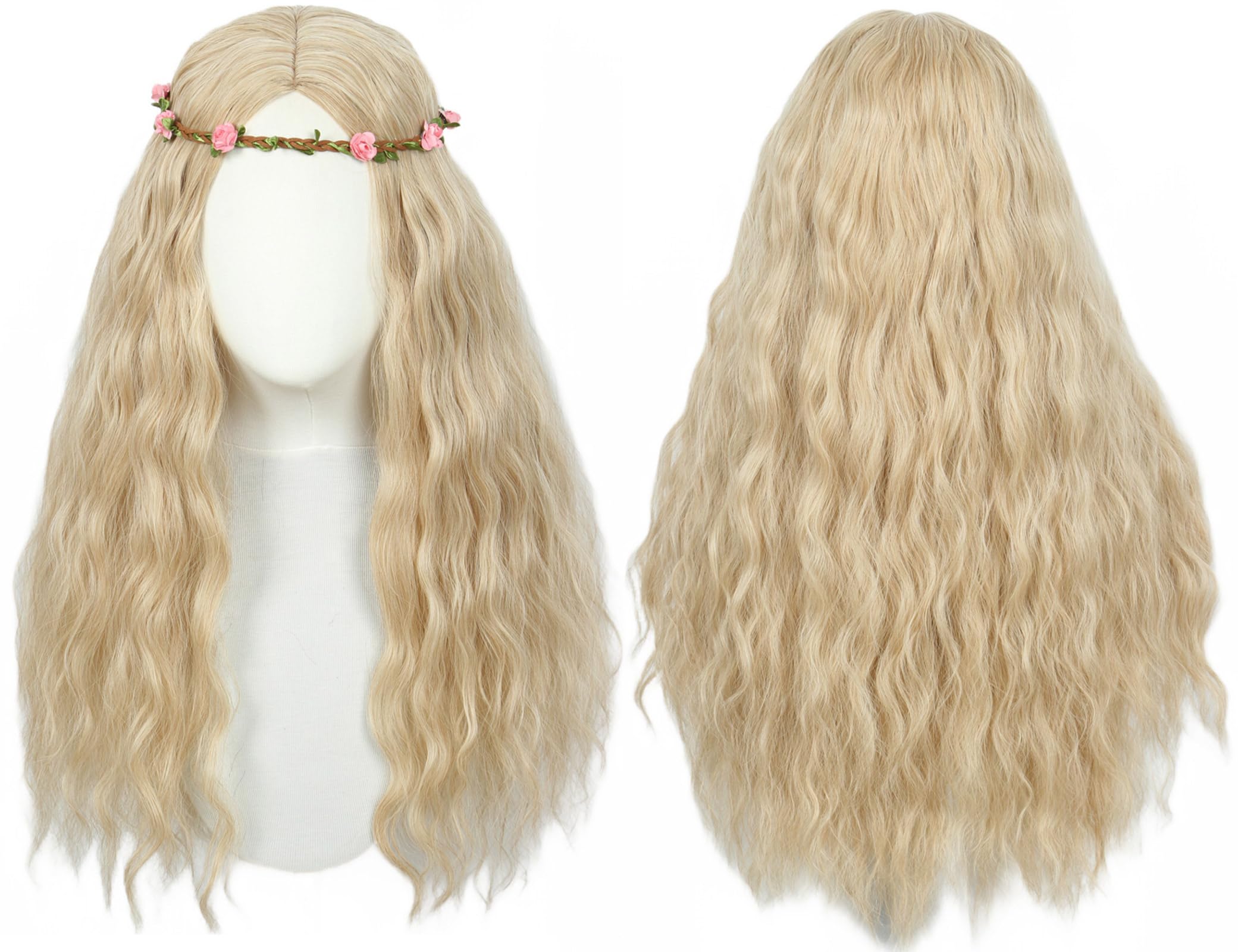 Linfairy Long Wavy Wigs Halloween Cosplay Costume Wig for Women Party with flower Crown(Long blonde)