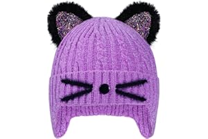 Kids Winter Hat Girls Sequin Cat Ears Knit Beanie with Earflaps Outdoor Warm Thick Ski Cap for Ages 3-14