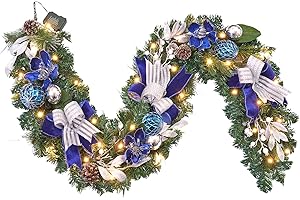 VOFULY Pre-Lit Christmas Garland for Front Door with 20 LED Lights,6 ft Silver Blue Lighted Christmas Garland for Mantel Fireplace Window Stairs Holiday Decoration with Timer,Magnolia Winter Decor
