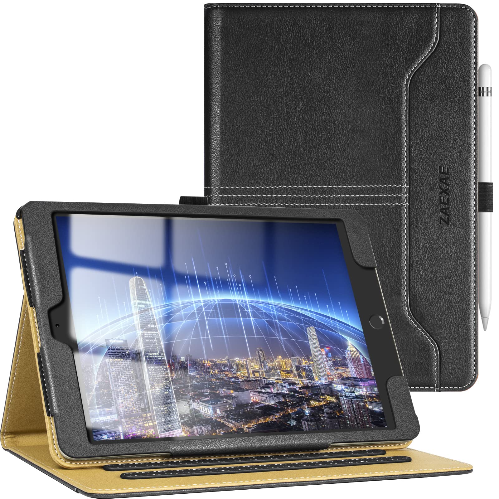 ZAEXAE Case for iPad 9.7-Inch, 2018/2017 Model, 6th/5th Generation, iPad Air 2 / iPad Air Cover with Pencil Pocket Holder, Premium PU Leather Stand Folio and Auto Wake/Sleep, Black