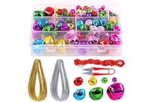 Swpeet 154Pcs Colorful 8mm-30mm Big Sizes Christmas Jingle Bells Assortment Kit with 225m 3 Colors Cord, Jingle Bells and Cra