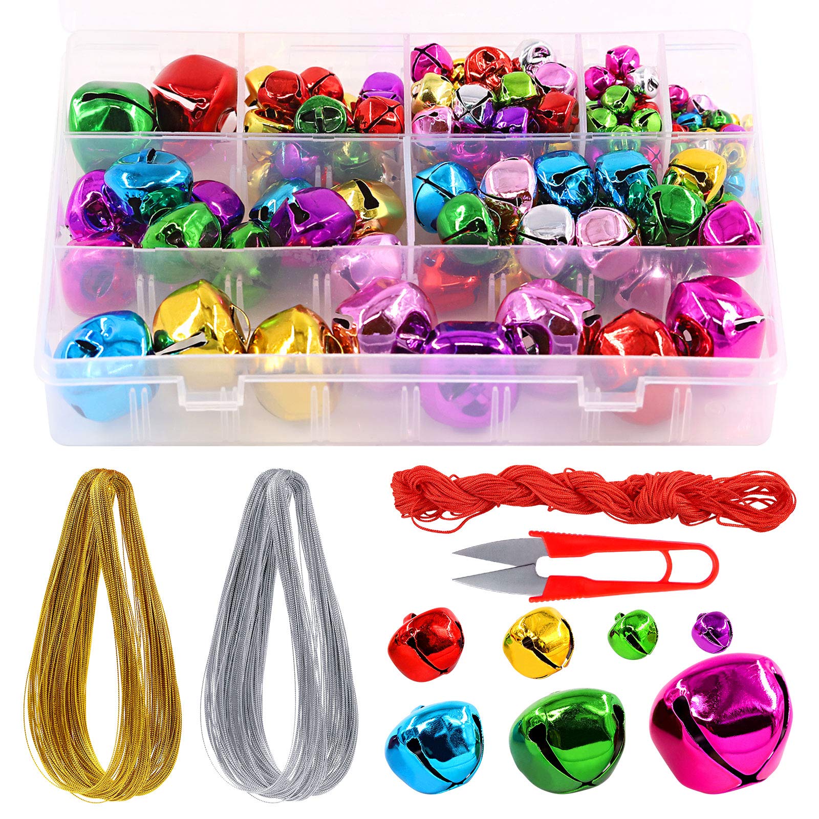 Swpeet 154Pcs Assorted Color Aluminium Alloy Christmas Jingle Bells Kit with 225m Cord, Perfect for Christmas & Halloween Decorations