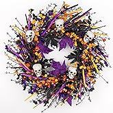 LLZLL Halloween Wreaths for Front Door 22 Inch Halloween Wreath Artificial Skull Wreath with Maple Leaves and Berries for Gothic Decoration