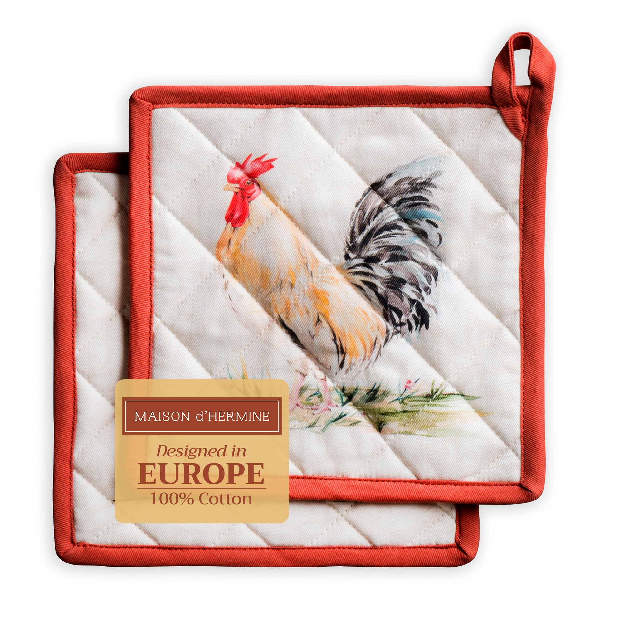 Maison d' Hermine Pot Holders Set 100% Cotton Heat Resistant Potholders 20 cm x 20 cm Hot Pads with Loop for BBQ Cooking Baking Handling Hot Pans Gifts for Mothers Day (Pack of 2, Campagne)