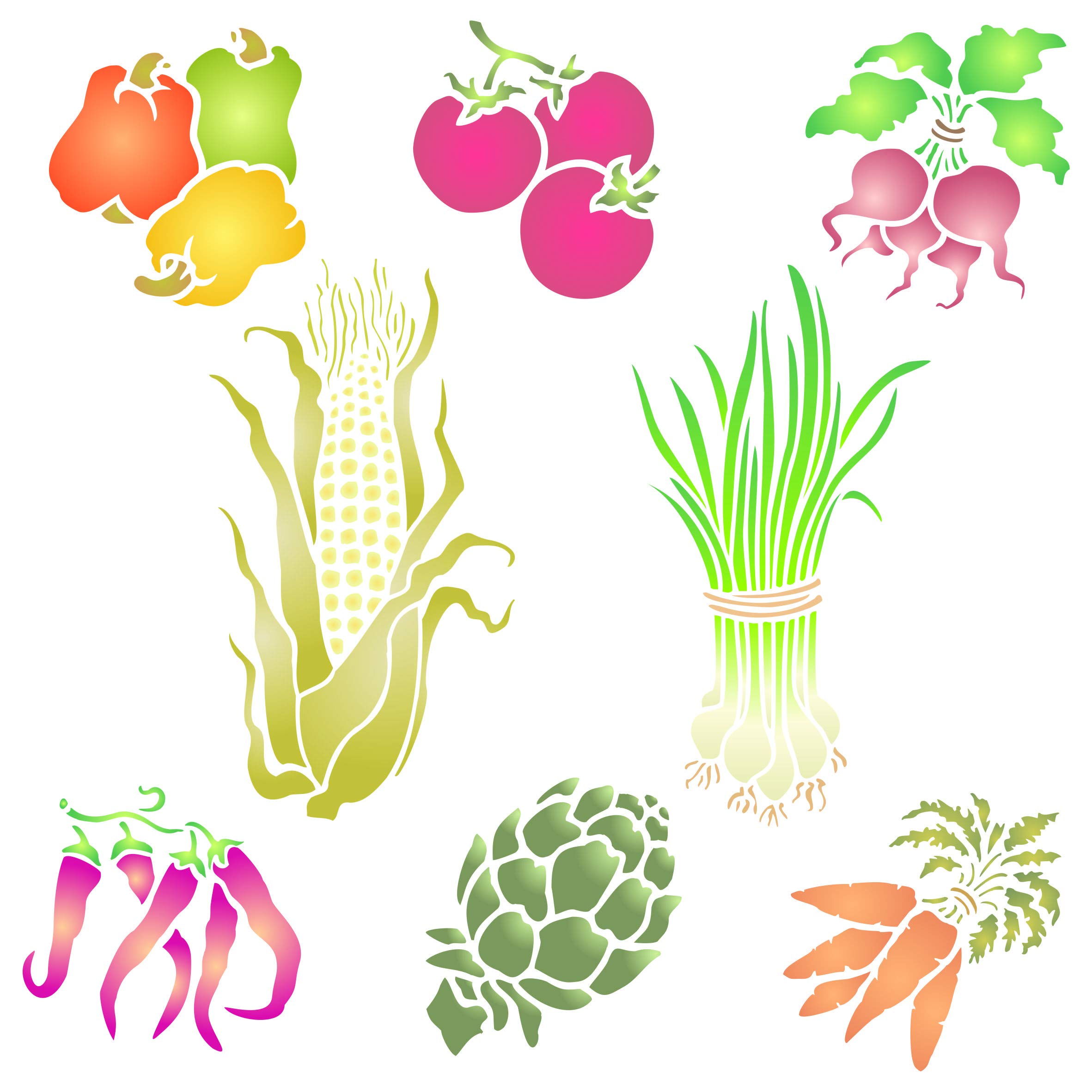 Vegetable Stencil, 16.5 x 16.5 cm (S) - Corn Tomato Radish Pepper Chili Carrot Asparagus Scallions Vegetables Stencils