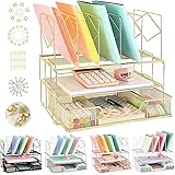 Youbetia Desk Organizers and Accessories - Double Tray and 5 Upright Sections, Office Supplies Desk Organizer with Drawer, Fi