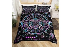 CASTLE FAIRY Sun and Moon Duvet Cover Set Queen Size,Starry Galaxy Zodiac Constellation Bedding Set 3Pcs for Kids Boys Girls Room Decor,Neon Blue Purple Comforter Cover Hippie Boho Quilt Cover,2 Pillowcases
