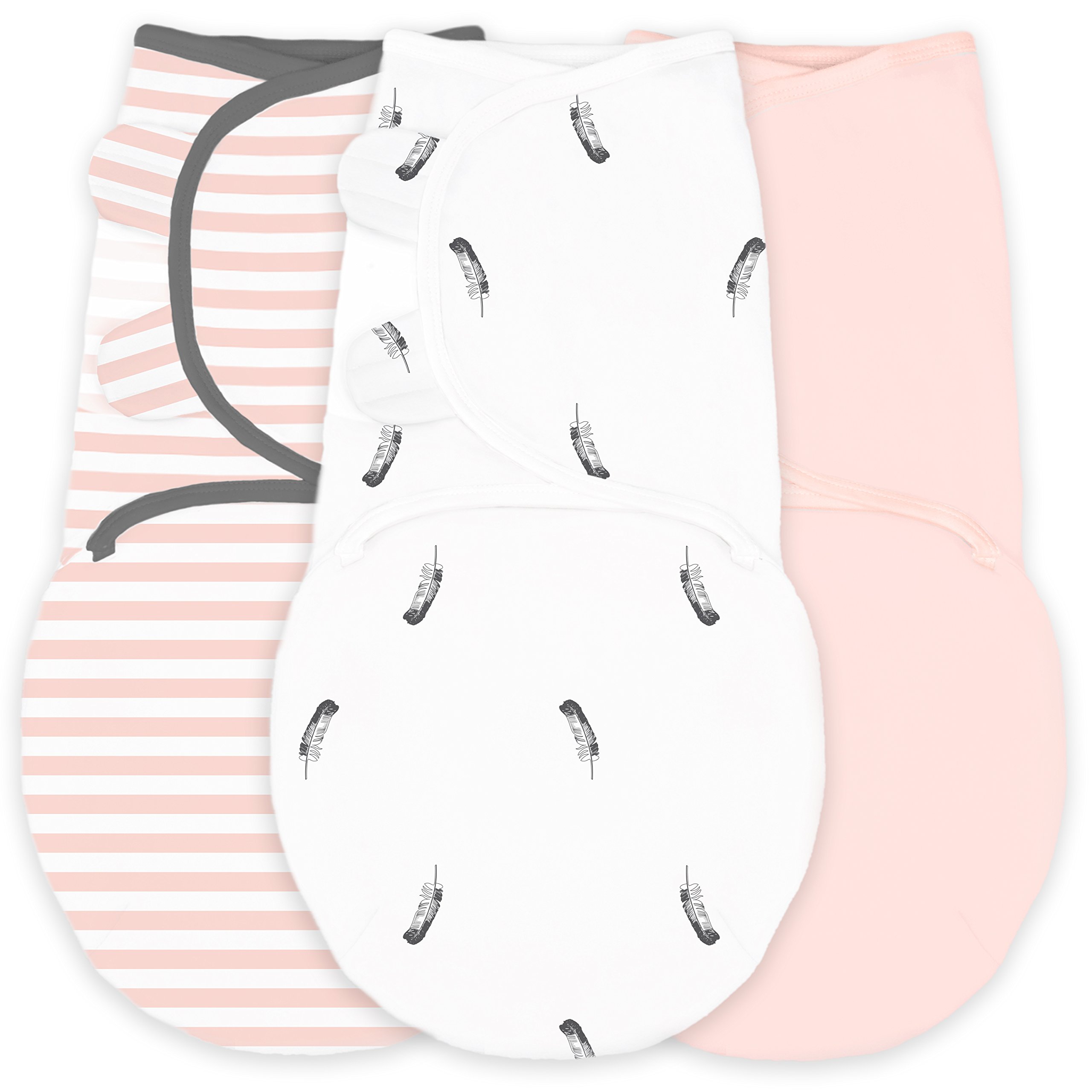 Photo 1 of Amazing Baby Swaddle Blanket with Adjustable Wrap, Set of 3, Little Feather, Stripes and Solid, Pink, Small