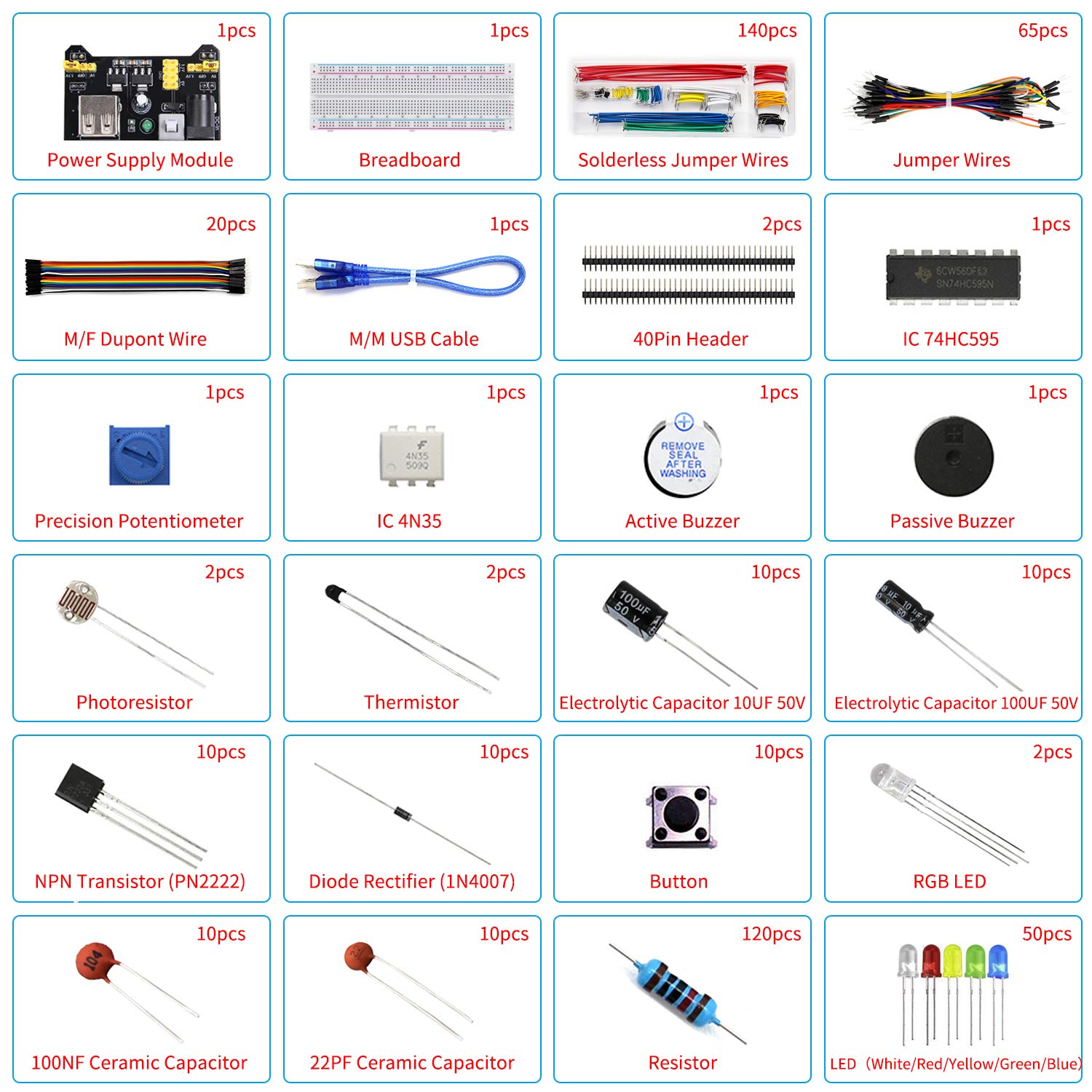 Electronics Component Fun Kit w/Power Supply Module, Jumper Wire, 830 tie-Points Breadboard, Precision Potentiometer,Resistor Compatible with Arduino, Raspberry Pi, STM32