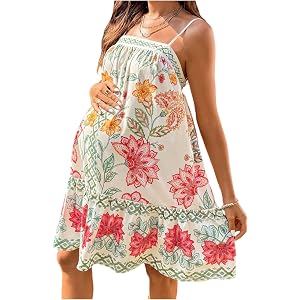 OYOANGLE Women's Maternity Floral Swing Dress Spaghetti Strap Boho Flowy Pregnancy Summer Sundress