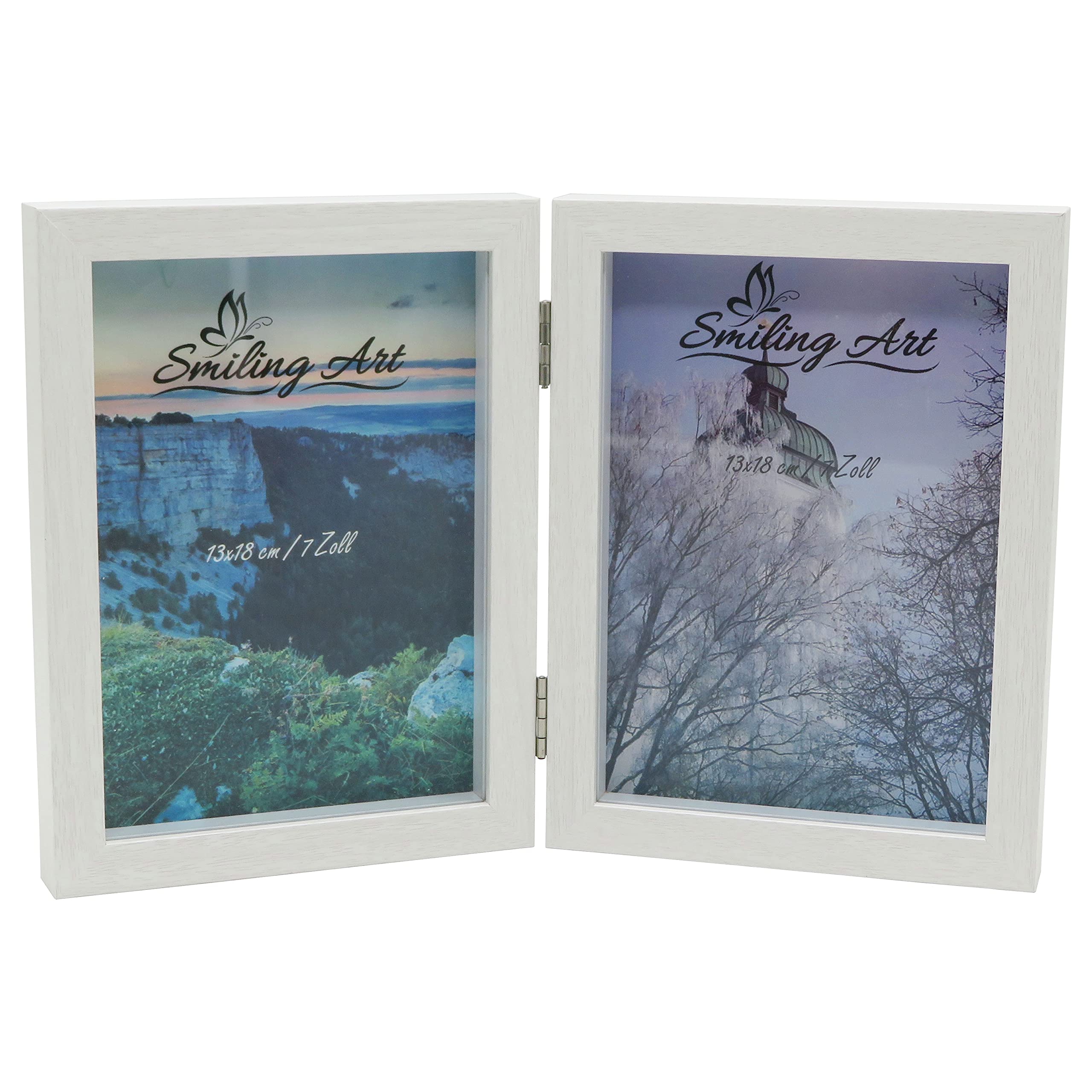 Smiling Art Wooden Double Photo Frame for 2 x 13 x 18 cm Photos, White, Foldable, Glass & MDF, 40.0 x 13.8 x 2.4 cm Open Size — image 1