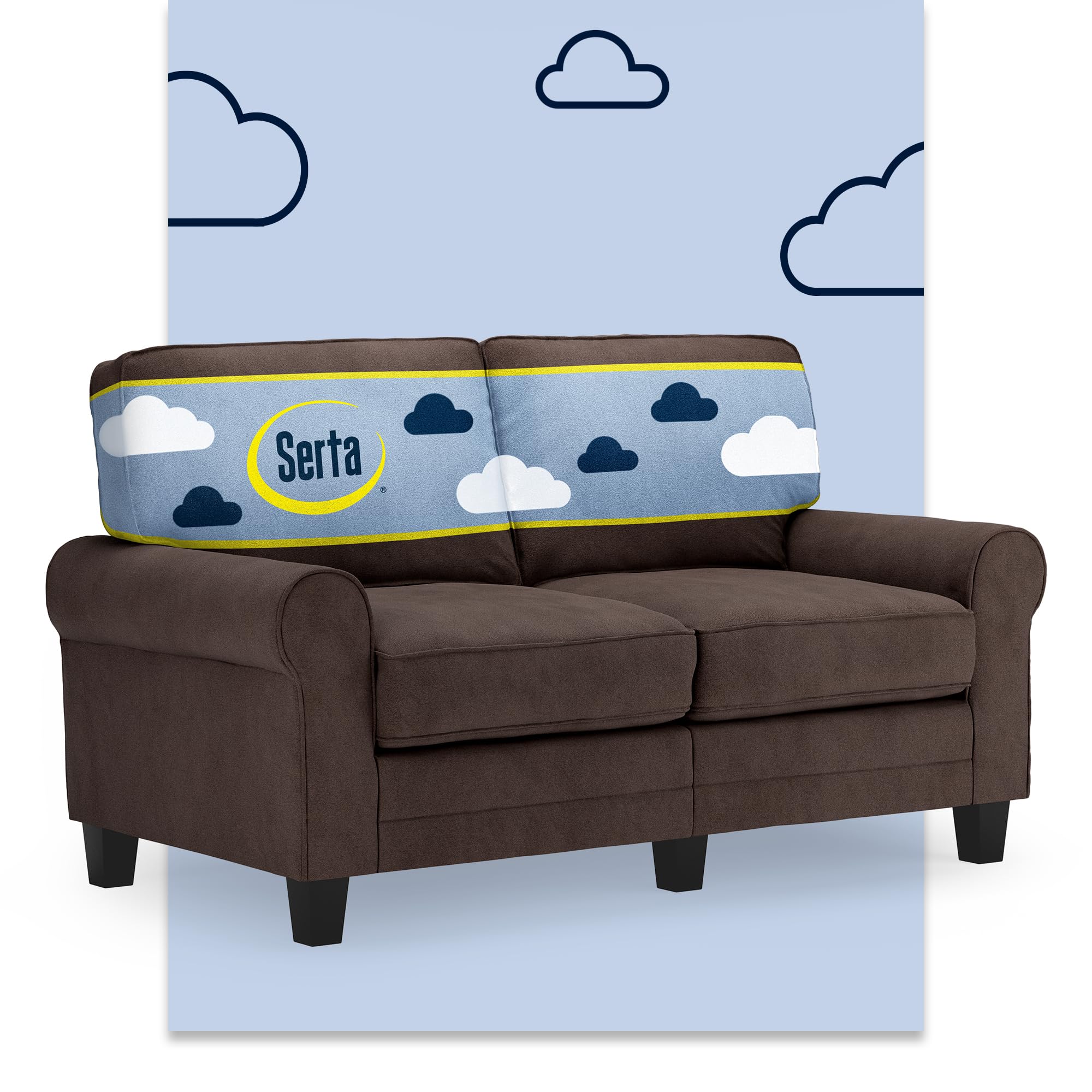 Photo 1 of *************MISSING HARDWARE**************
Serta Copenhagen 61" Rolled Arm Sofa, Easy Care Polyester, Soft Pillow Back, Pocket Coil Seat Cushions, Removable Covers, Loveseat or Couch for Small Spaces, Living Rooms or Bedrooms, Dark Brown
