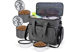 BAGLHER Dog Travel Bag, Airline Approved Pet Tote Organizer with Multi-Function Pockets, 2 X Food Storage Containers and 2 X Collapsible Bowls, Perfect Weekend Pet Travel Set for Dog, Cat Grey