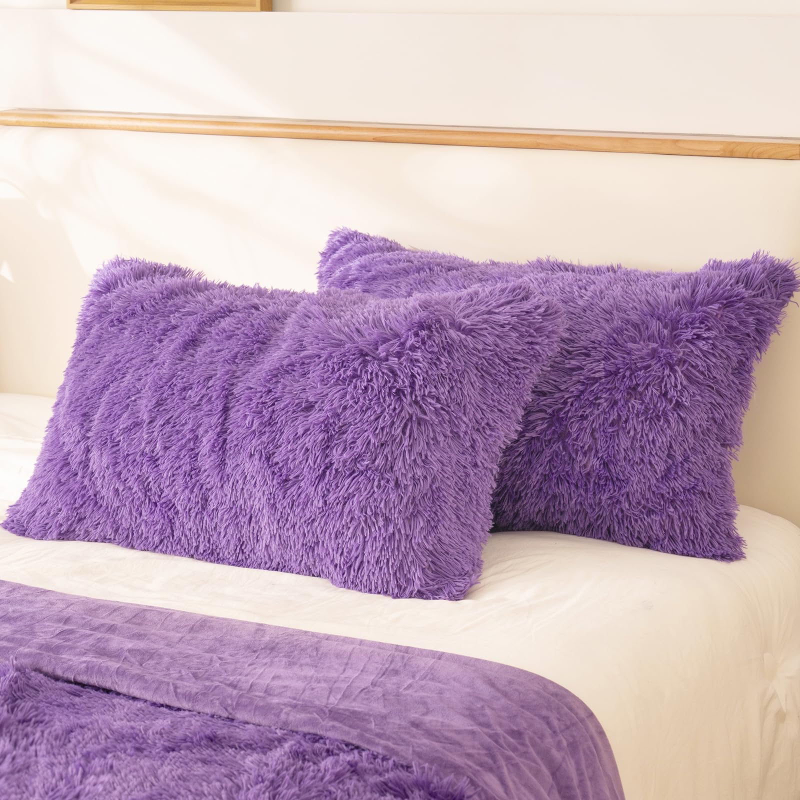 HAIHUA Faux Fur Fluffy Fuzzy Plush Purple Pillow Case Set of 2, Soft Decorative Pillow Covers for Bed, Bedroom, Living Room, Zipper Closure, Standard Size (20"x26", Purple)