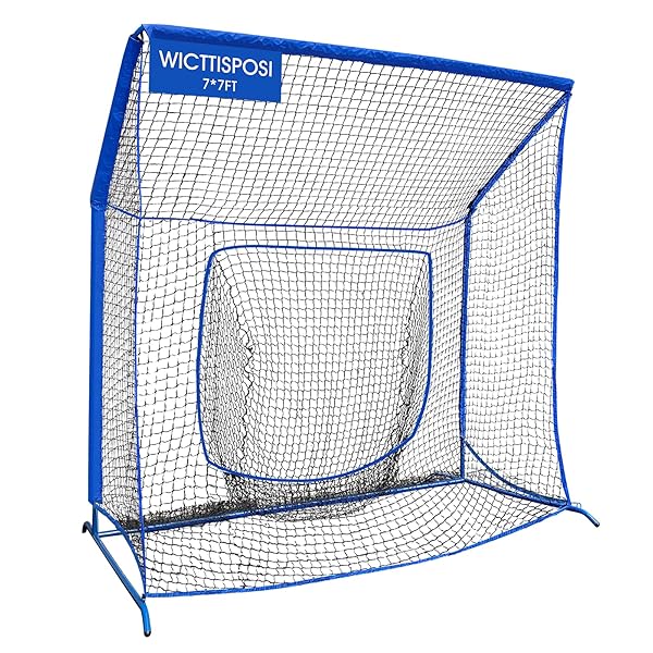 BASEBALL SOFTBALL NET WITH BLOCKING SYSTEM, 7X7FT PRACTICE CAGE FOR BATTING/PITCHING/FIELDING, METAL FRAME WITH ELEVATED BASE AND STORAGE BAG FOR BACKYARD OUTDOOR INDOOR