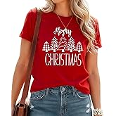 Christmas Graphic Tees for Women Merry Xmas Shirts Casual Funny Holiday T-Shirts Crew Neck Cute Santa Print Top