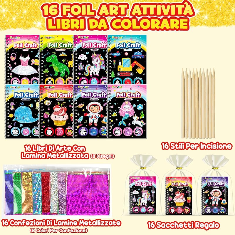 16 Kit Foil Art Attività Libri Gadget Compleanno Bambini — foto 2 di 7