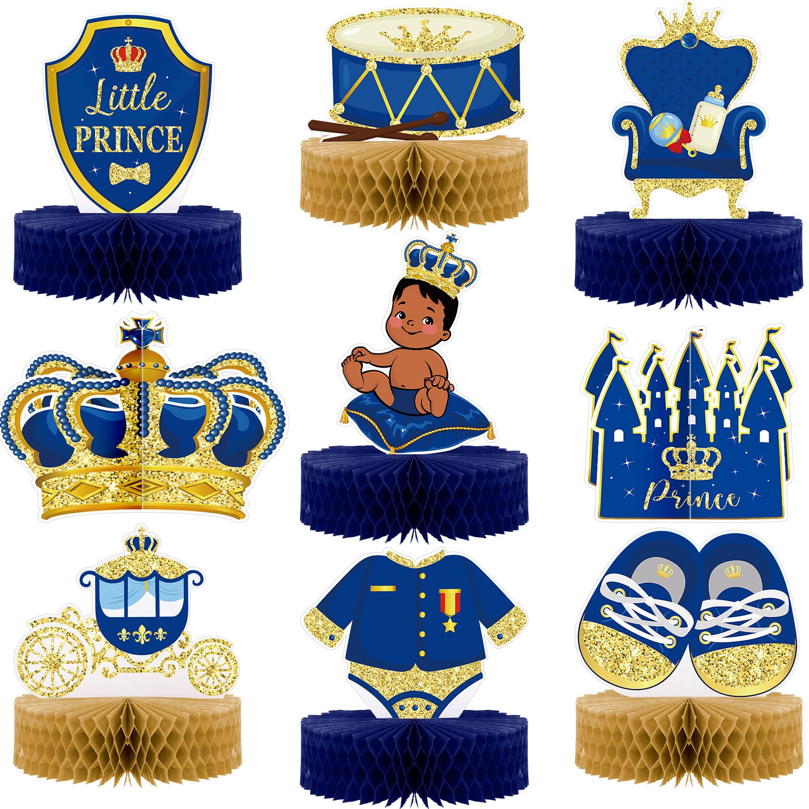 Photo 1 of Epakh 9 Pcs Royal Prince Baby Shower Decorations for Boy Royal Prince Themed Honeycomb Centerpiece Table Topper Blue Gold Castle Crown African American Decor for Baby Birthday Supplies